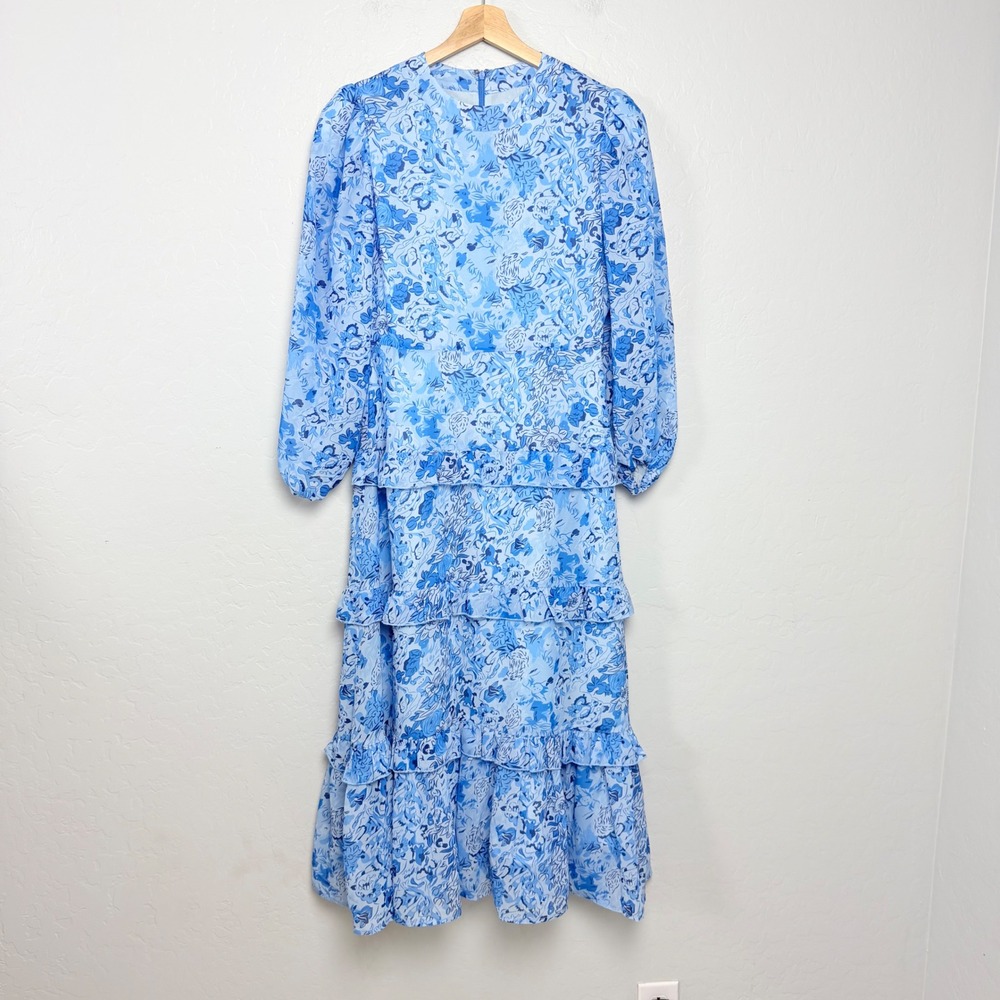 NEW Hyacinth House Blue Floral Tiered Midi Dress Long Puff Sleeve Small feminine